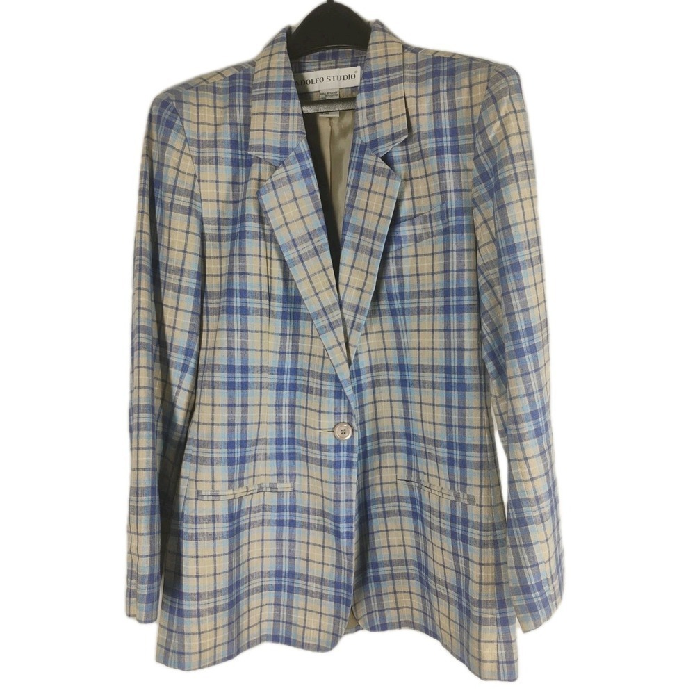 Vintage Adolfo Studio Womens‎ 10 Plaid Blazer Linen Cotton